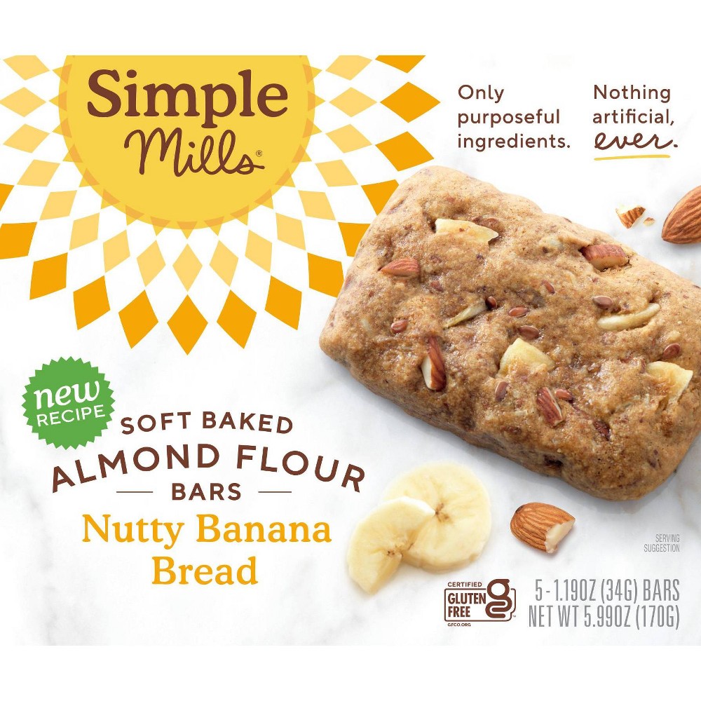 Simple Mills Gluten Free Nutty Banana Bread Soft-Baked Almond Flour Bars - 5ct