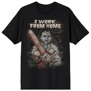 Texas Chainsaw Massacre Monotone Leatherface Illustrated I work From Home White Text On Black Adult Crew Neck Short Sleeve T-shirt - 1 of 4