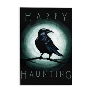 Stupell Industries Happy Hauntings Phrase Black Crow Perched Festive Halloween Wall Plaque Art - 1 of 4
