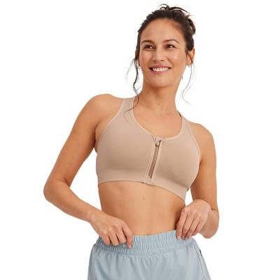 Jockey Women's Seamfree Mid Impact Zip Front Sports Bra M Light Beige