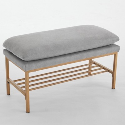 Vynxaria 300 LB Gray Linen Bench with Shelf - Stylish Ottomans and Benches for Bedroom and Entryway