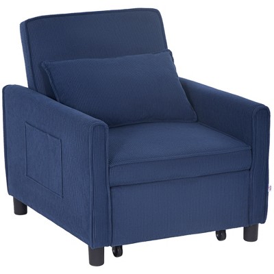 HOMCOM 3-in-1 Convertible Chair Bed, Folding Single Sofa Bed, Pull Out Sleeper Chair with Adjustable Backrest, Pillow, and Pockets, Blue