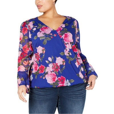 I.N.C International Concepts Womens Surplice Floral Pullover Blouse, Blue, 4X