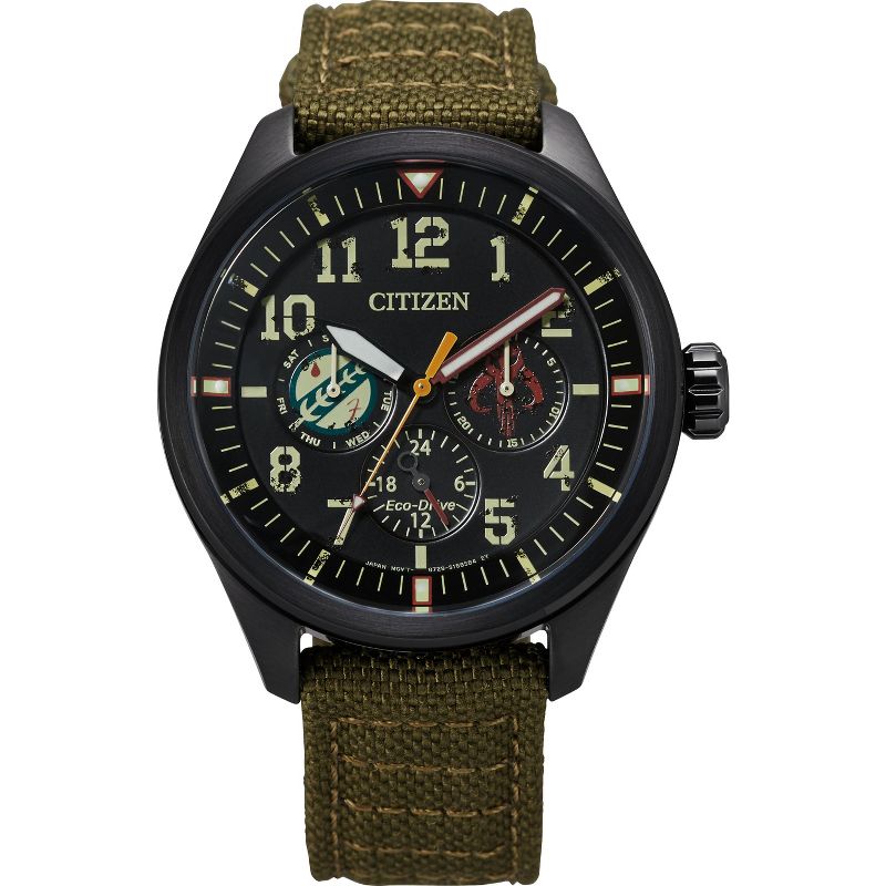 Citizen Star Wars Eco-Drive featuring Boba Fett 3-hand Black IP Green Canvas Strap, 1 of 6