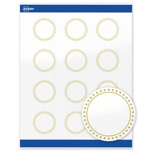 Avery Labels, 2" Diameter, Glossy White, Gold Border w/ Gold Dots, 120ct - 1 of 4