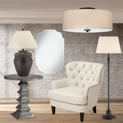 Bronze Flush Mount Ceiling Light with Oatmeal Drum Shade