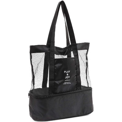 Black Mesh Beach Tote Bag with Cooler (17 x 16 x 5 Inches)