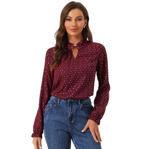 Allegra K Women's Bow Tie Neck Ruffled Collar Printed Long Sleeve Vintage Blouse - 1 of 4
