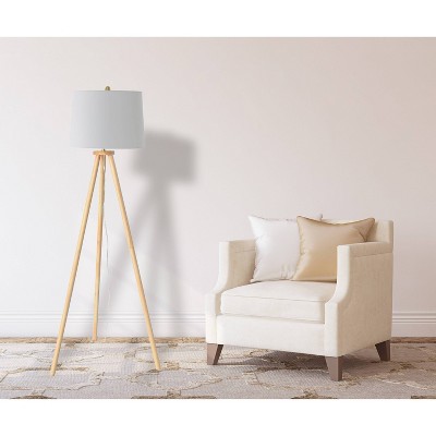 Natural Wood Tripod Floor Lamp with White Linen Shade