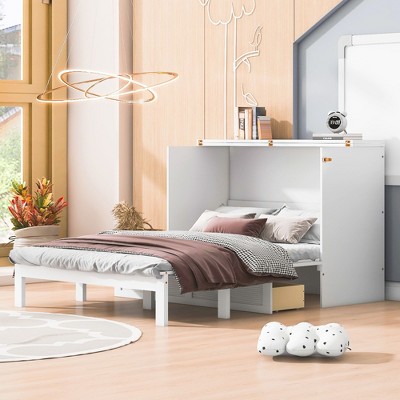 NicBex Full Size Murphy Bed 56.7" Wooden Bed Frame Morden Hideaway Wall Bed with Top Shelf, 2 Drawers for Guest Room