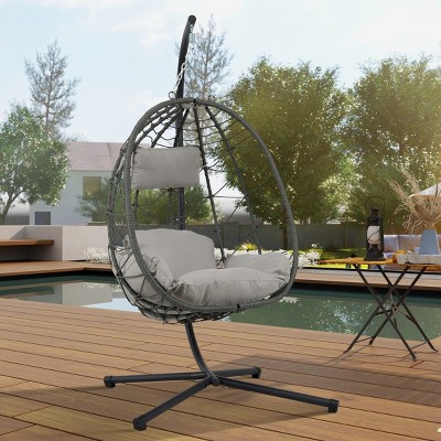 Coolbibila Outdoor Patio Garden Wicker Egg Hanging Swing Basket Chair,Indoor Cushion Hammock Egg Chair with Stand for Bedroom,Living Room