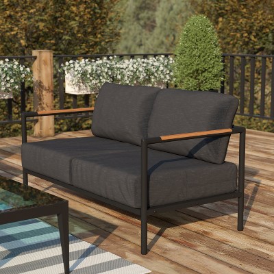 Modern Black Steel Frame Loveseat with Gray Cushions