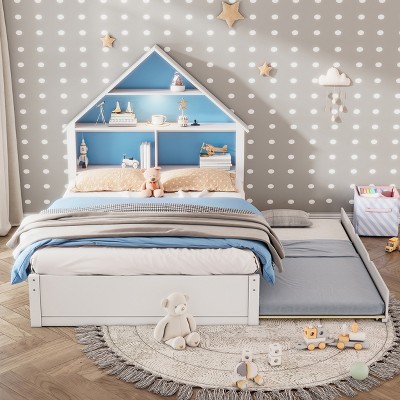 KTMBDW Full Size House-Shaped Bed with Bookcase Headboard and Led Light and Twin Size Trundle, No Box Spring Needed, for Kids Boys Girls, Blue+ White