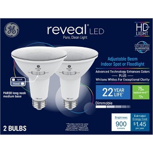 GE 2pk 75W Reveal PAR30L LED Light Bulbs: Dimmable 12W Floodlight, 900 Lumens, 2700K, E26 Base, 22.8-Year Life - 1 of 4