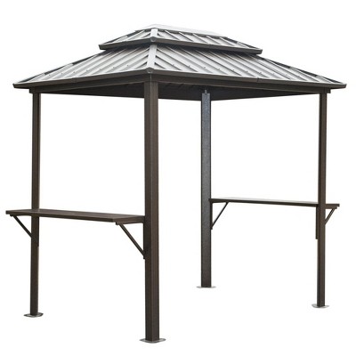 Gloweer Hardtop Grill Gazebo, Outdoor BBQ Gazebo w/Galvanized Steel Double Roof, Permanent Sun Shade Grill Canopy Shelter