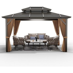 10' x 13' Hardtop Gazebo Metal Gazebo Aluminum Frame, Double Galvanized Steel Roof Curtains Netting Included Pergolas for Patios Garden Parties Khaki - 1 of 4