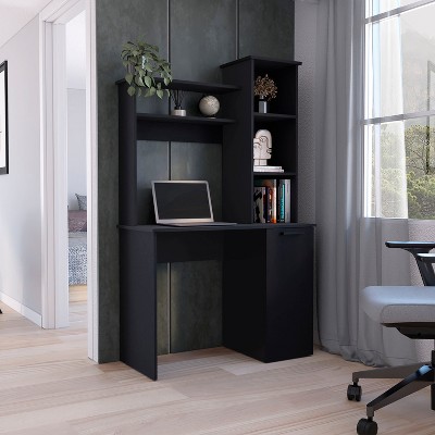 Vynxaria Muncy Computer Desk with Ample Work Surface, Hutch Storage and Single Door Cabinet with 3-Tier Shelves, White