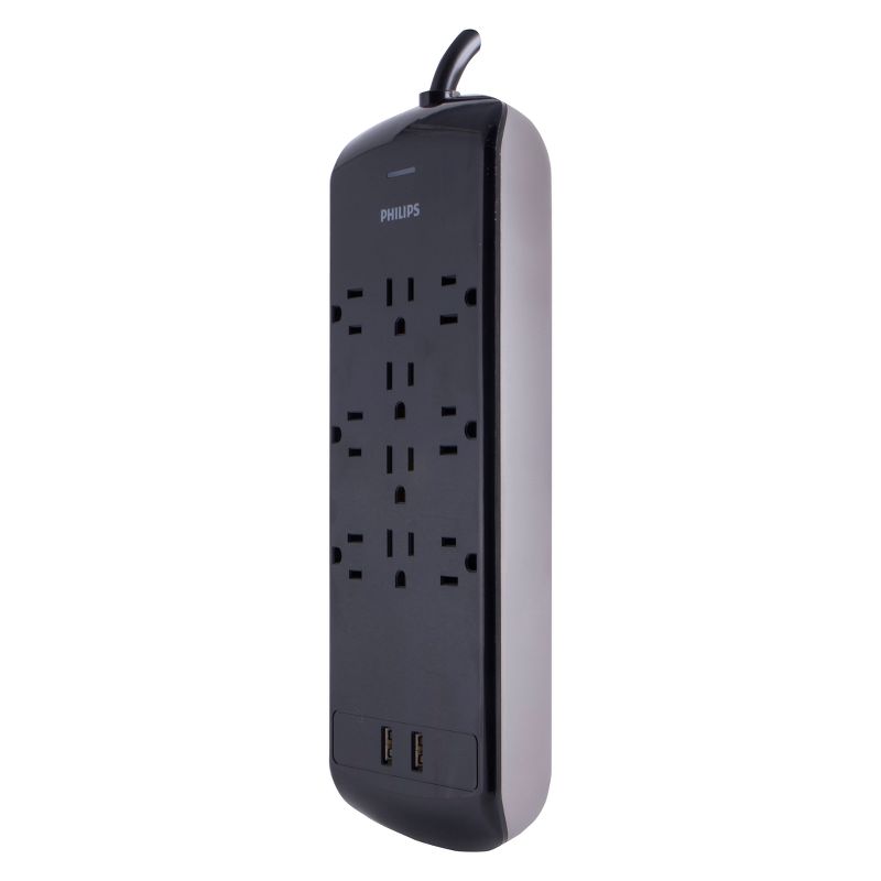 Philips 10-Outlet 2 USB Port Surge Protector with 6ft Extension Cord, Black, 3 of 13