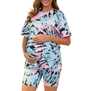 INSPIRE CHIC Women Maternity Set Tie Dye Short Sleeve and Shorts Set Pregnancy Pajama Outfits Bike Shorts - 1 of 4