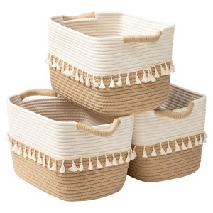 Aoibox Woven Cotton Rope Storage Bins Set of 3 Boho Style Basket with Handles for Clothes Toys White and Jute Decor - 1 of 4