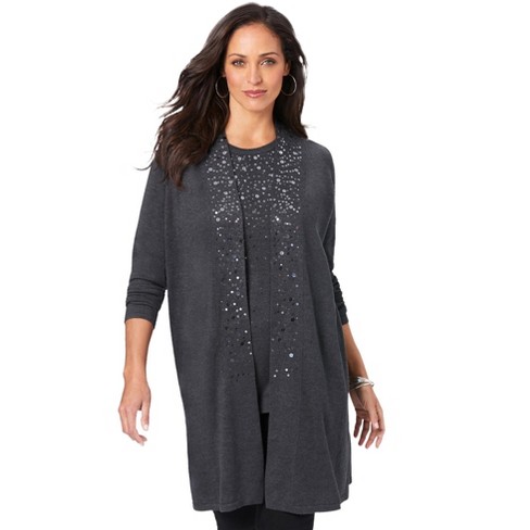 Jessica London Women's Plus Size Fine Gauge Cardigan Long Open Front Sweater  - 14/16, Heather Charcoal Sequin Gray : Target