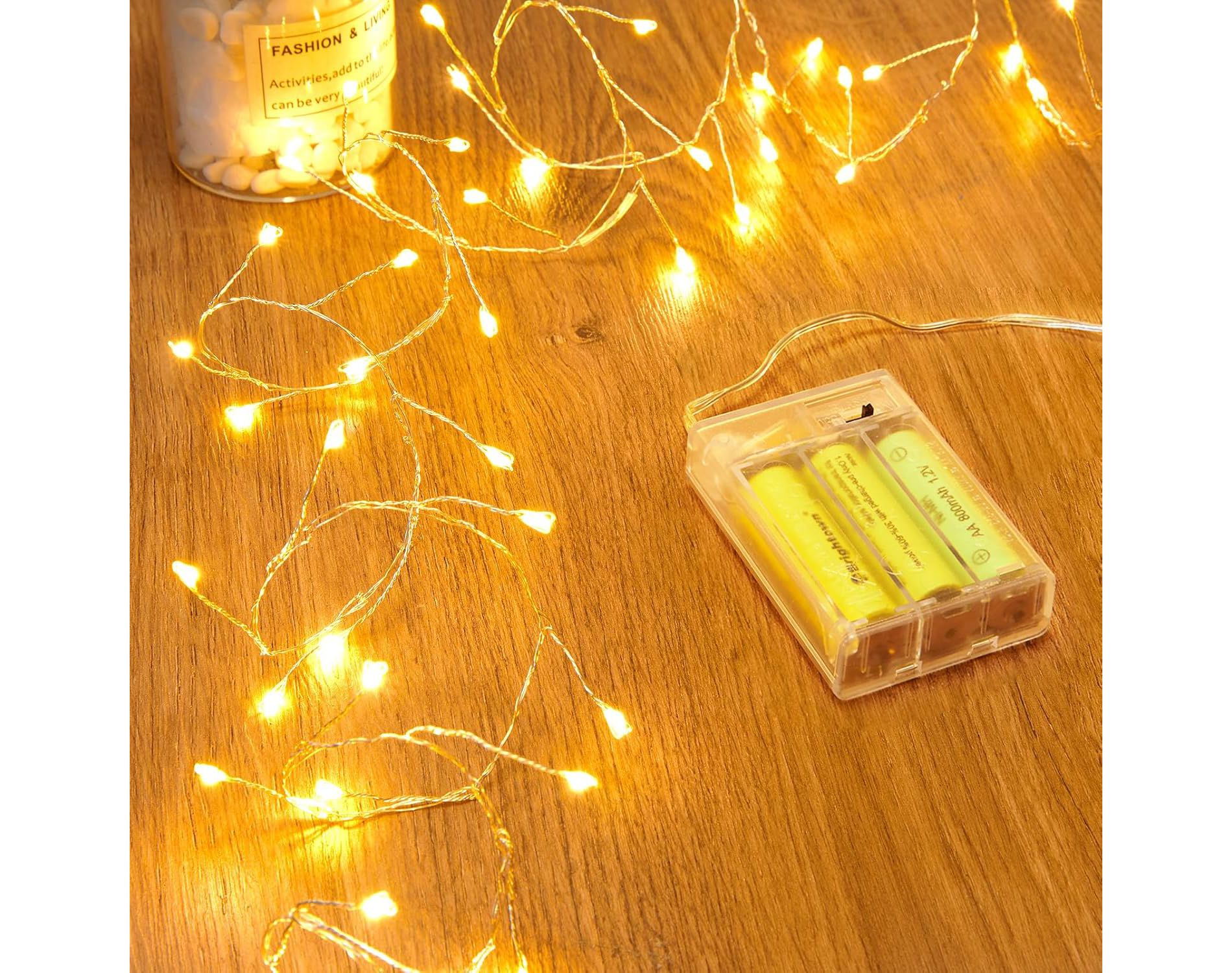 FAAYFIAN 60-LED Battery-Operated Fairy String Lights, 5 ft Silver Wire Warm White Indoor Christmas Decor Lights With Timer