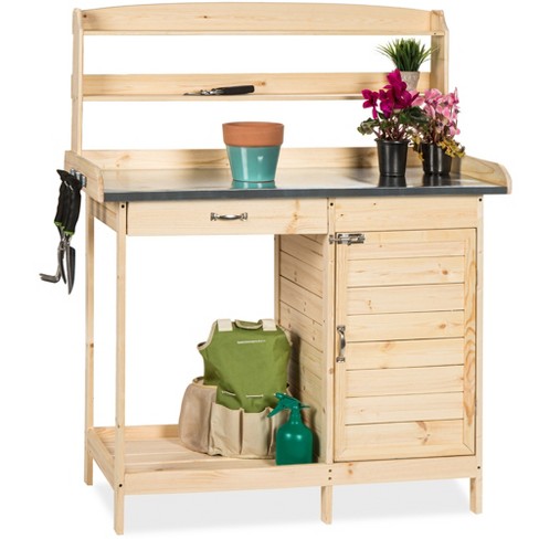 Best Choice Products Outdoor Garden Wooden Potting Bench Work Station w/ Metal Table Top, Cabinet - Natural - image 1 of 4