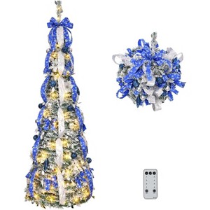 VINGLI 6ft Pre-Lit Pop Up Flocked Pencil Christmas Tree, 150 Lights, Blue & Silver, Collapsible Holiday Decor - 1 of 4