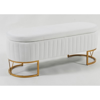 INFURNIC Ottomans and Benches Oval Velvet Storage Bench Upholstered Bedroom Bench with Metal Legs for Living Room, Grey, 45.6"*15.7"*17.5"