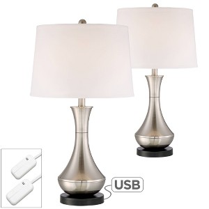 360 Lighting Simon Modern Table Lamps 25 1/2" High Set of 2 Brushed Nickel with USB Charging Port and Table Top Dimmers White Fabric for Home Desk - 1 of 4