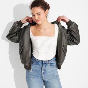Women's Faux Leather Bomber Jacket - Wild Fable™ Black - 1 of 3