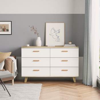 Modern 6 Drawer Dresser with Wooden Leg and Handle, Brown+White - ModernLuxe
