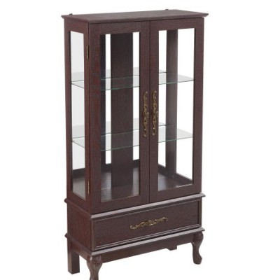 Vynxaria Lighted Curio Cabinet: Adjustable Glass Shelves, 2 Doors + 1 Drawer, Antique White Display/Wine Storage