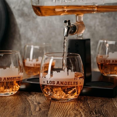 Los Angeles Skyline Glass Decanter Set with Mahogany Base