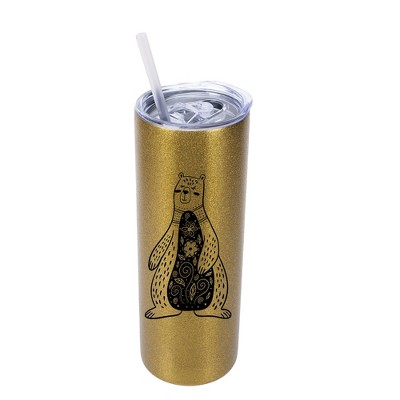 Elanze Designs Whimsical Floral Bear 20 Ounce Double-Walled Stainless Steel Insulated Slim Travel Tumbler with Lid and Straw, Vegas Gold