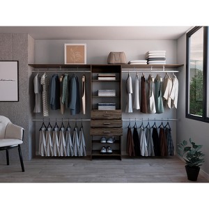 APRILSOUL Dark Walnut Adjustable Closet System, 69in-118in Wide, 4 Hanging Rods, 3 Drawers, 5 Shelves, FSC Certified - 1 of 4
