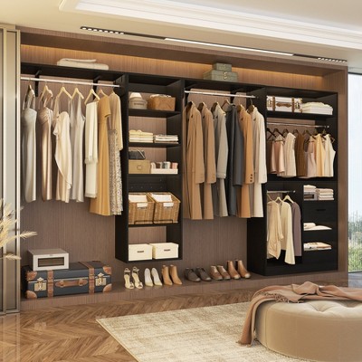 Aheaplus 132" Modular Closet System with Adjustable Shelves and Drawers, Wall-mounted Space-Saving Closet Organizer with Hanging Rods