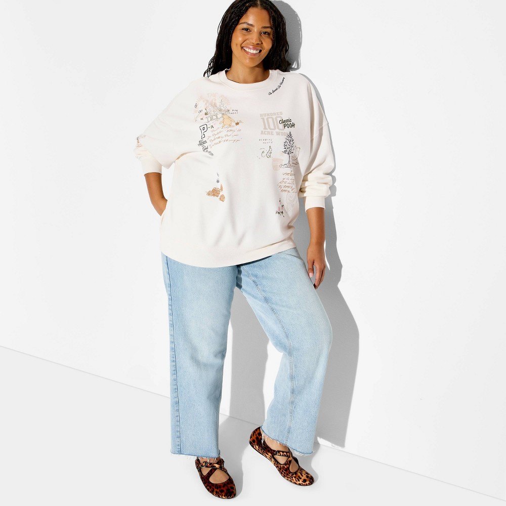 Women's Crewneck Winnie The Pooh Embroidered Graphic Pullover Sweatshirt - Off-White 2X