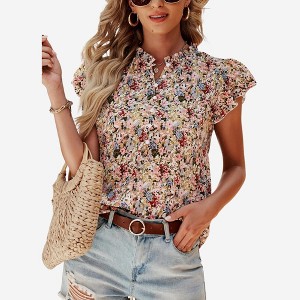 Amaryllis Women’s Floral Ruffle Sleeve Button Front Blouse with Gathered Neckline Lightweight - 1 of 4