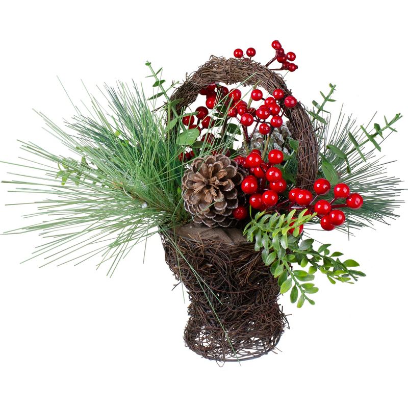 Northlight 15" Eucalyptus Pine and Berry Artificial Christmas Grapevine Basket, 3 of 6