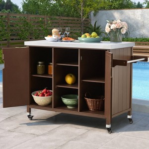 EROMMY Solid Wood Outdoor Kitchen Island Grill Cart With Stainless Steel Top, Movable Patio Bar Cart With Storage Cabinet, Spice Rack - 1 of 4