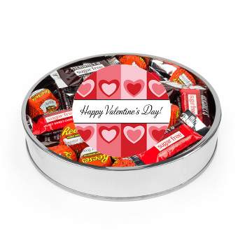 Valentine's Day Sugar Free Candy Gift Tin Large Plastic Tin with Sticker and Hershey's Chocolate & Reese's Mix - Red & Pink Hearts - By Just Candy