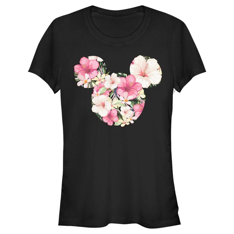 Juniors Womens Mickey & Friends Pink Floral Mickey Mouse Logo T-Shirt, 1 of 5