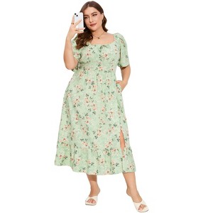 YESFASHION Womens Plus Size Square Neck Floral Print Summer Dress Ruffle Short Sleeve Tie Front Slit Hem Boho Maxi Dress - 1 of 4