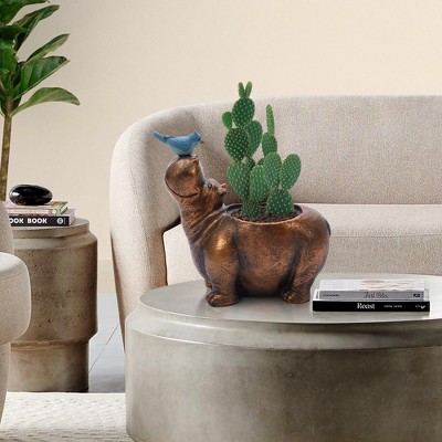 Brown Hippo and Blue Bird MGO Flower Pot Planter