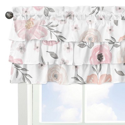 Blush Pink and Grey Floral Ruffled Window Valance