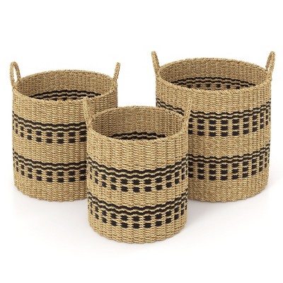 Tangkula Seagrass Basket Set Of 3 Stackable Storage Bins W/ Handles ...