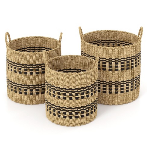 Tangkula Seagrass Basket Set Of 3 Stackable Storage Bins W  Handles 