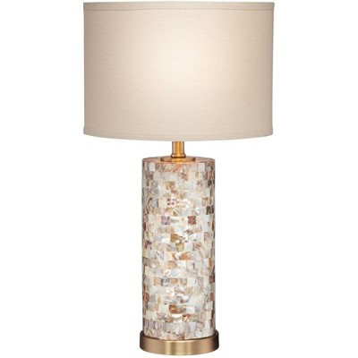 360 Lighting Coastal Accent Table Lamp Mother of Pearl Tile Cylinder Cream Linen Drum Shade for Living Room Family Bedroom Bedside