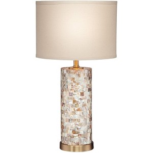 360 Lighting Margaret Coastal Accent Table Lamp 23" High Mother of Pearl Tile Cylinder Cream Linen Drum Shade for Bedroom Living Room Bedside Office - 1 of 4